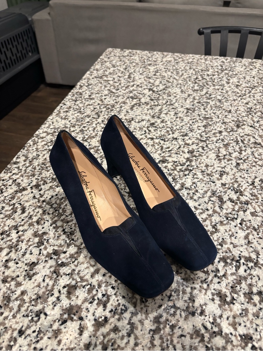 Salvatore Ferragamo Boutique Vintage Navy Blue Suede Square Toe Pumps